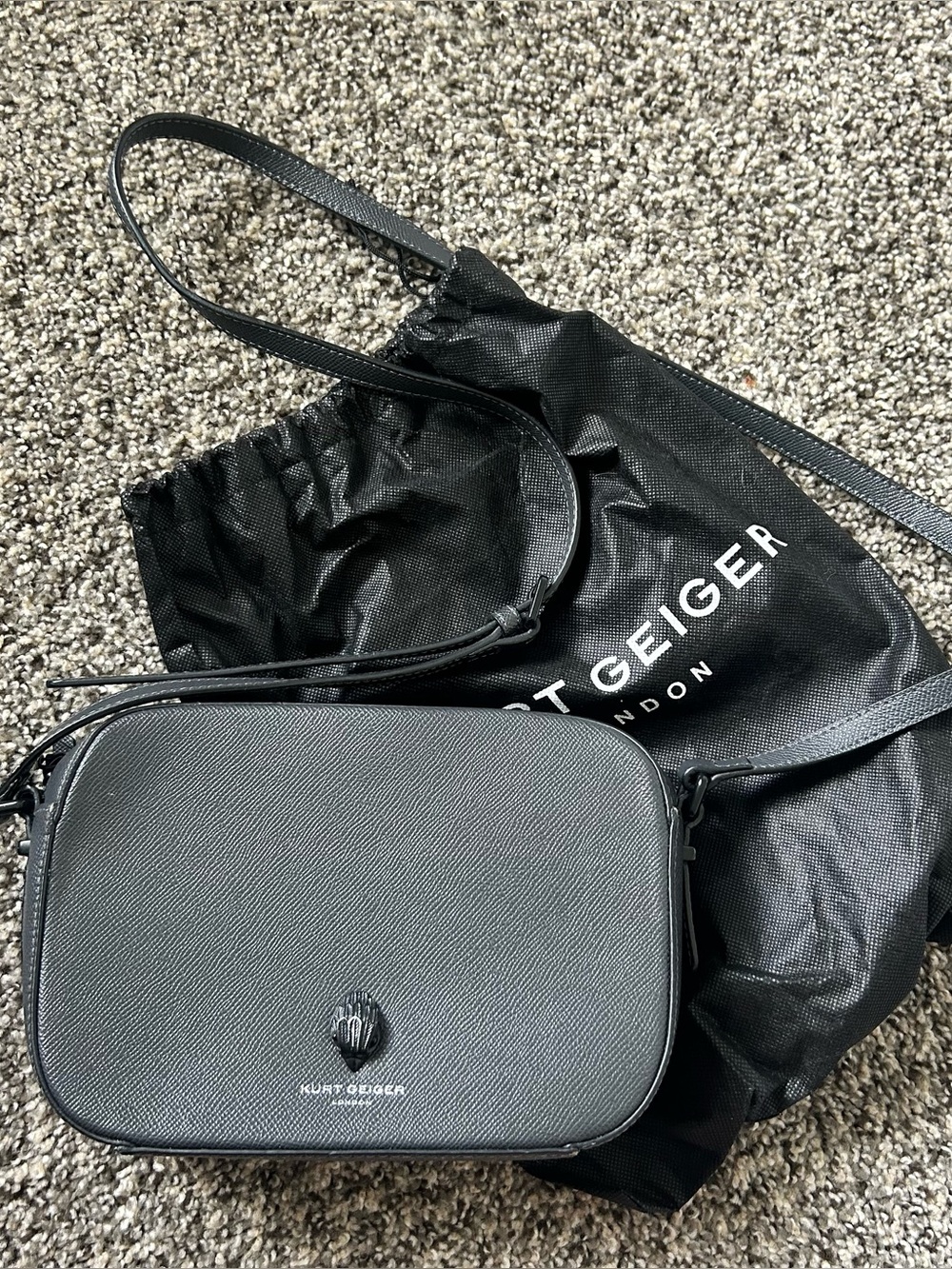 Kurt Geiger Charcoal Gray Leather Top Zip Camera Crossbody Bag